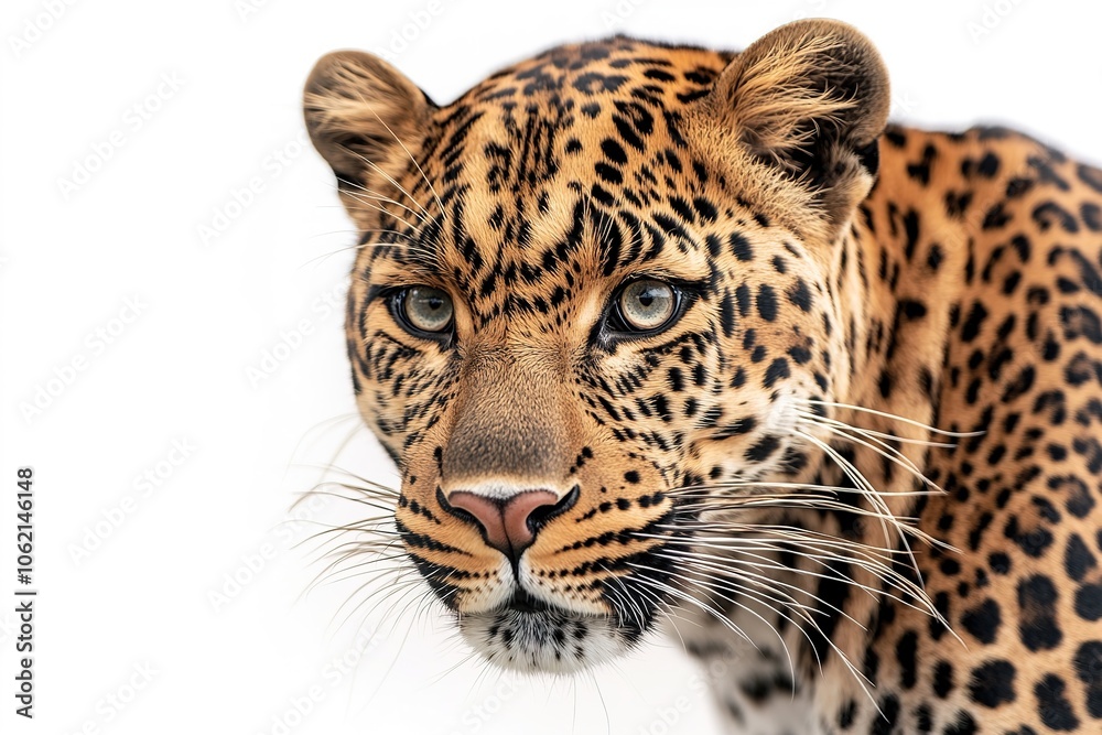 Intense gaze of leopard against a white backdrop Intense gaze of leopard against a white backdrop