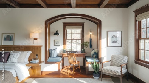 a living room with a couch, table, and a lamp.