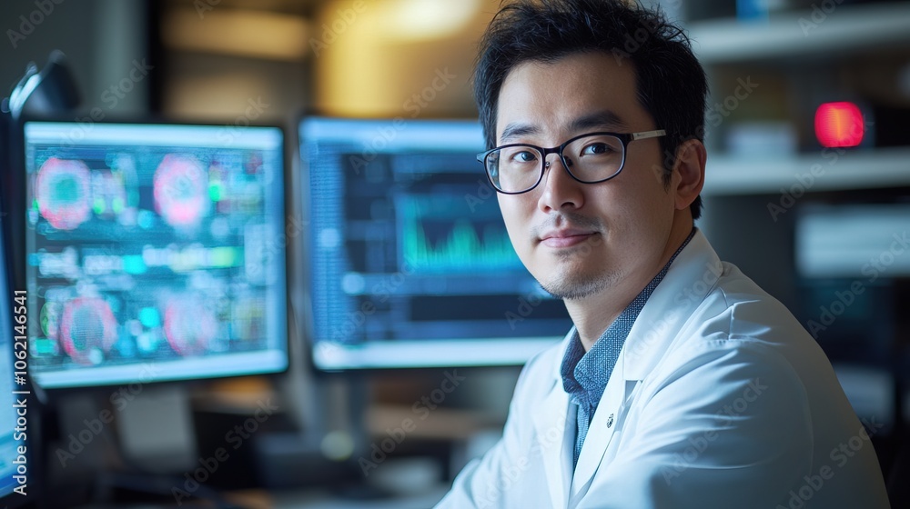 Focus asian man in a lab coat at a desk with multiple monitors Focus asian man in a lab coat at a desk with multiple monitors