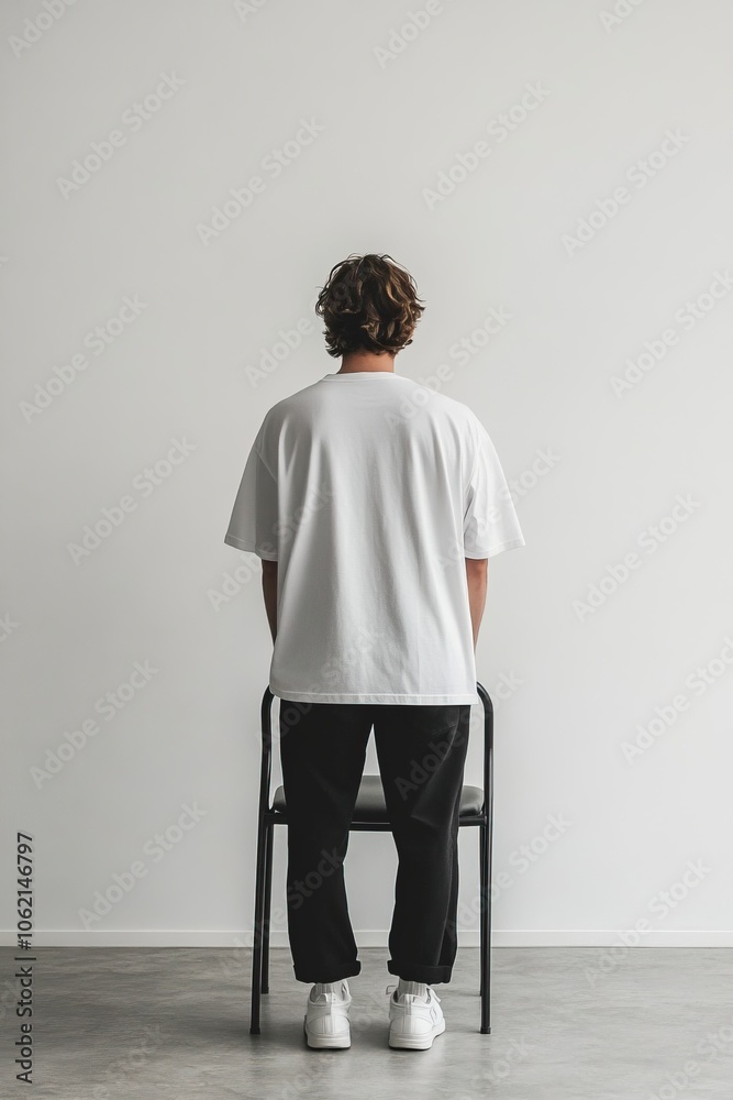 A mockup of the back of a blank white oversized t-shirt, the back of a a man wearing a blank white shirt, black pants and white shoes, in a minimalistic style,generative ai A mockup of the back of a blank white oversized t-shirt, the back of a a man wearing a blank white shirt, black pants and white shoes, in a minimalistic style,generative ai