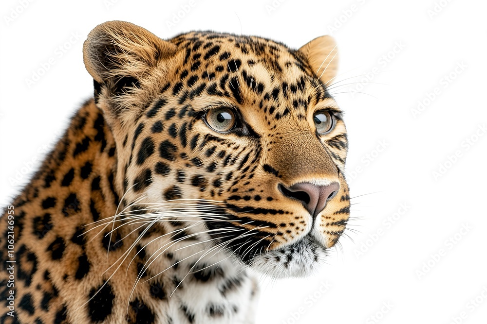 Close-up of an intense leopard gaze with a white background Close-up of an intense leopard gaze with a white background