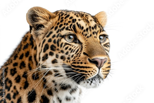 Close-up of an intense leopard gaze with a white background