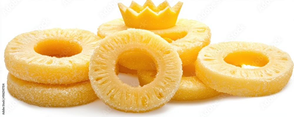 Whole pineapple with crown and sliced pineapple rings, isolated on white for a tropical vibe, isolated on white background Whole pineapple with crown and sliced pineapple rings, isolated on white for a tropical vibe, isolated on white background