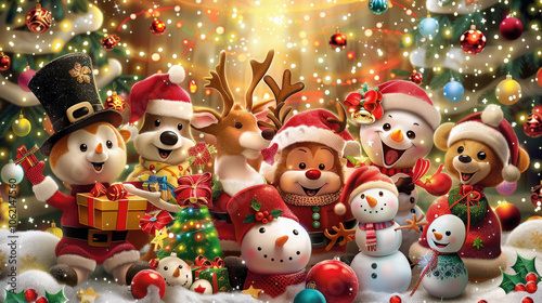 festive Christmas scene featuring adorable animals in holiday attire, surrounded by decorations and gifts, radiating joy and cheer