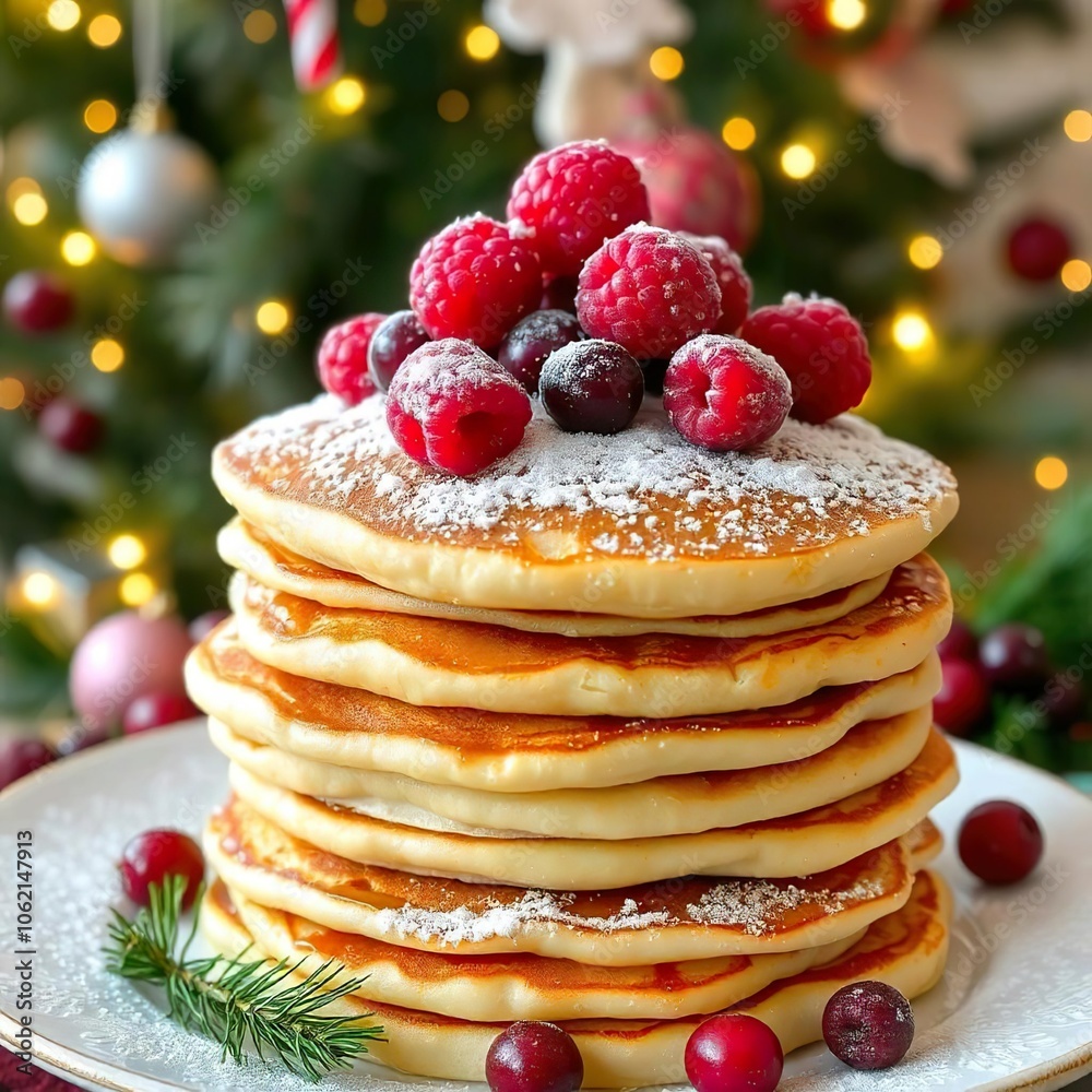 A stack of golden pancakes topped with fresh raspberries, cranberries, and a dusting of powdered sugar, set against a festive background with a Christmas tree and twinkling lights A stack of golden pancakes topped with fresh raspberries, cranberries, and a dusting of powdered sugar, set against a festive background with a Christmas tree and twinkling lights