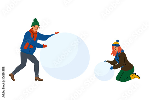 Two friends building snowballs in a winter wonderland on a sunny day