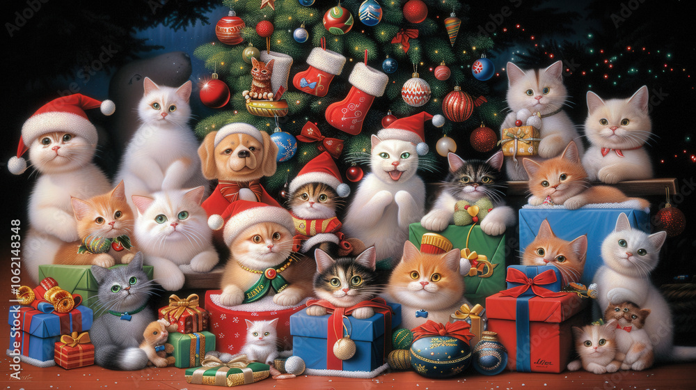 festive gathering of playful cats and dog, all wearing Santa hats, surrounded by colorful gifts and beautifully decorated Christmas tree. scene radiates joy and holiday spirit festive gathering of playful cats and dog, all wearing Santa hats, surrounded by colorful gifts and beautifully decorated Christmas tree. scene radiates joy and holiday spirit