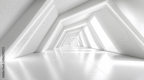 A futuristic, minimalist hallway with glowing white lights and a reflective floor.