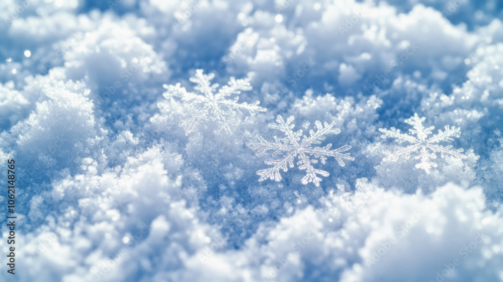 Snowflakes gently resting on a blanket of fresh snow in a winter landscape Snowflakes gently resting on a blanket of fresh snow in a winter landscape