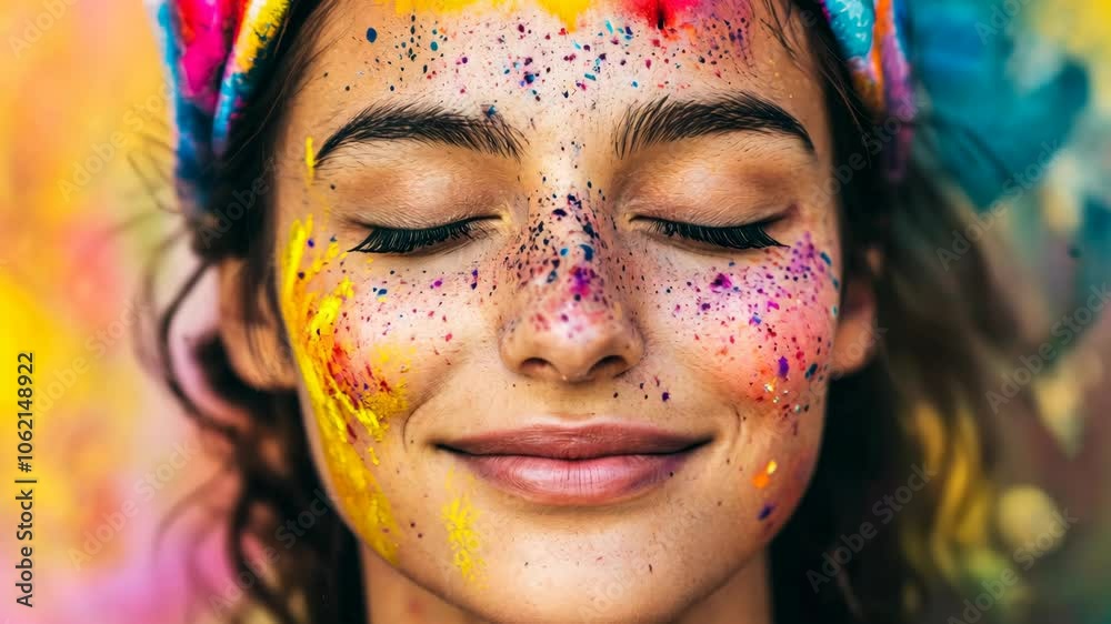 A woman smiles with her eyes closed as she is covered in colorful powder A woman smiles with her eyes closed as she is covered in colorful powder
