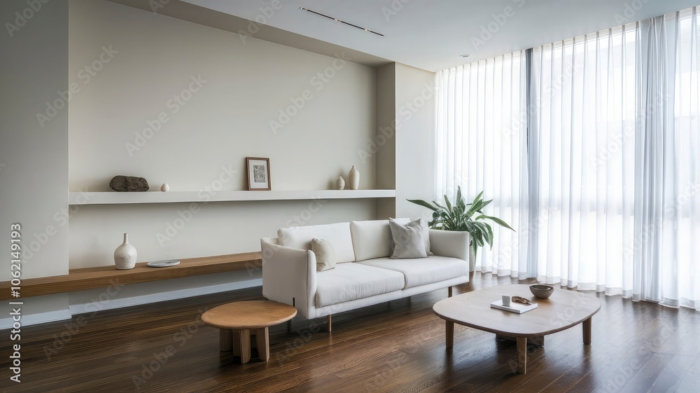 Fototapeta premium a living room with a couch, table, and a lamp.