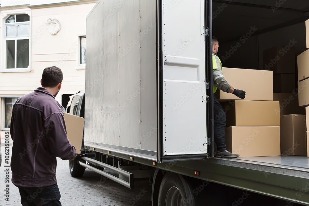 Men loading boxes onto delivery truck, teamwork in action Men loading boxes onto delivery truck, teamwork in action