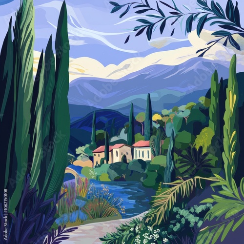 Vibrant Landscape Illustration: Serene villa by a lake surrounded by lush greenery and mountains, ideal for travel marketing and home decor.