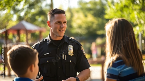 Police Officer Talking to Two Children Outdoors

