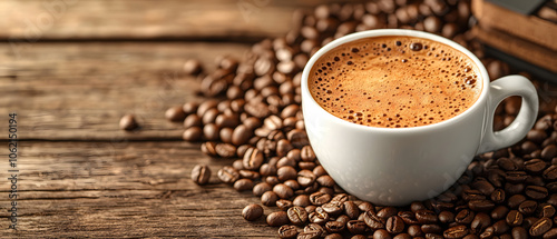 Coffee Bean and Cup: A steaming cup of coffee rests in a bed of roasted coffee beans, ready to invigorate your senses and awaken your soul. The aroma of freshly brewed coffee fills the air.