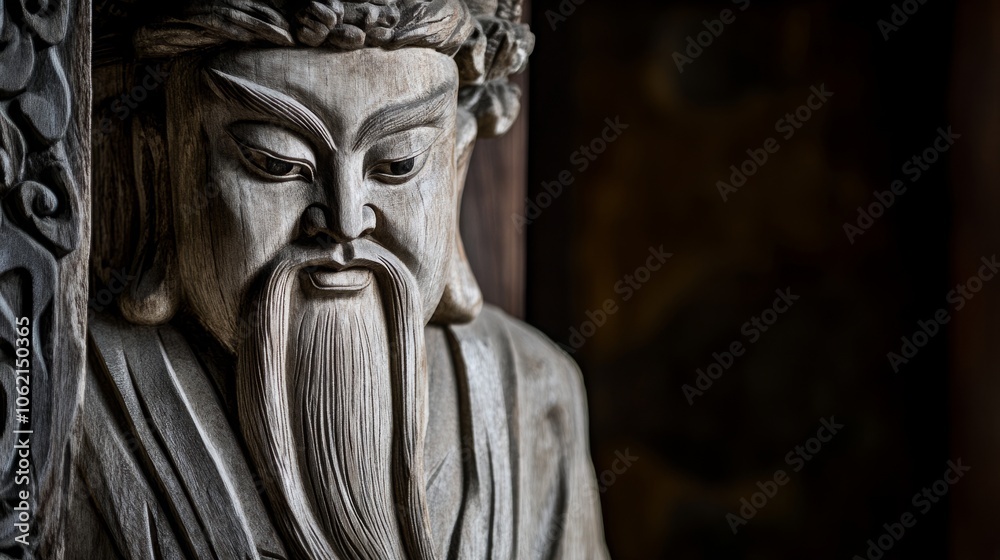 Close-up of a wooden sculpture depicting a man with a long beard, The sculpture's weathered surface adds to the overall feel of age and wisdom. for philosophy quotes, copy space Close-up of a wooden sculpture depicting a man with a long beard, The sculpture's weathered surface adds to the overall feel of age and wisdom. for philosophy quotes, copy space