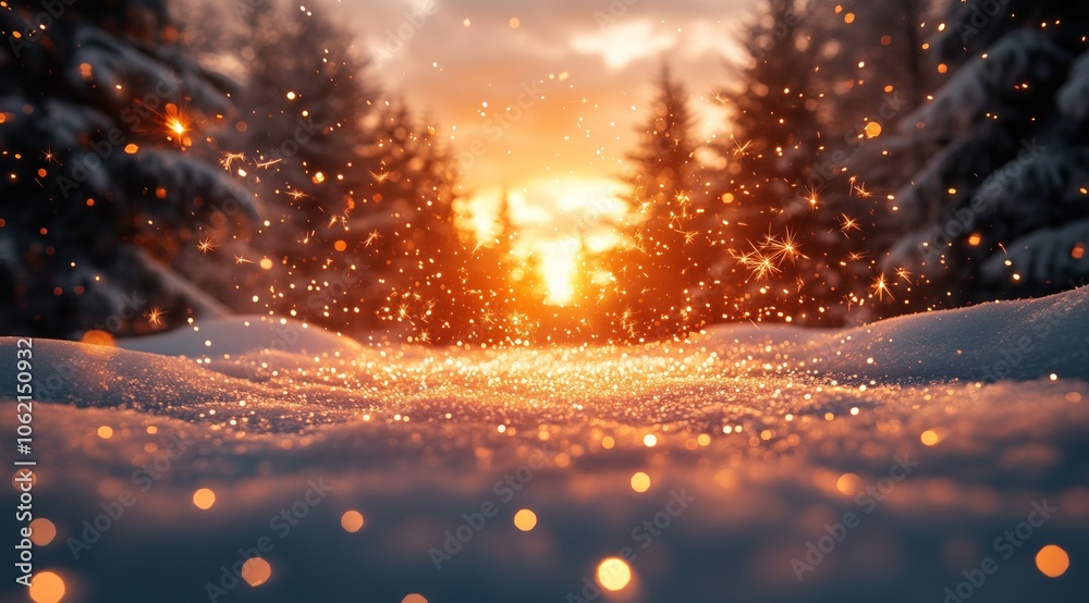 Naklejka premium snowy new year landscape with bright bokeh .Generative AI