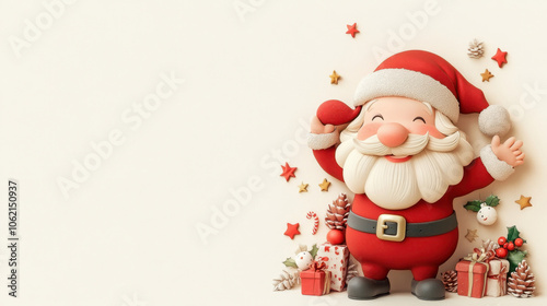 Cheerful Santa Claus stands among colorful gifts and festive decorations, embodying the joyful spirit of Christmas.