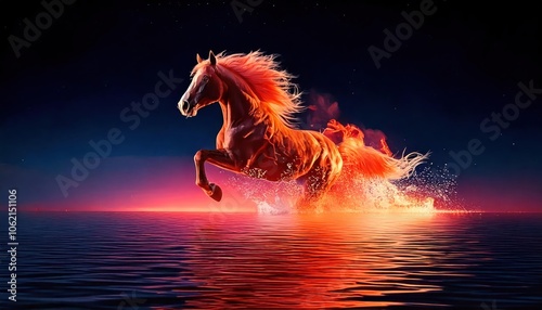  image of fiery horse running through the night is reflected in the water front view 