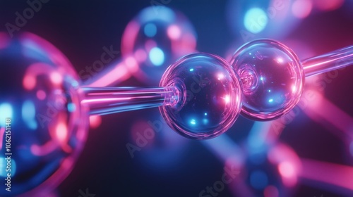 Close-up of neon-lit molecular structures with glowing spheres and reflections.