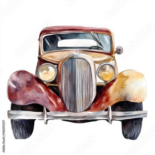 Watercolor Style Vintage Car: A classic rusty vehicle with curved fenders and a distinct grille, ideal for retro art projects.