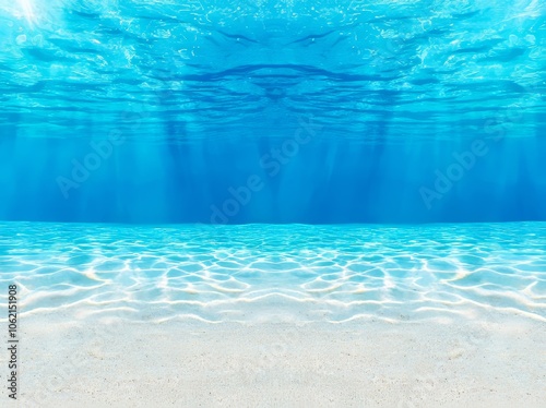 The background of the underwater scene is a deep blue sea with beautiful light rays and sand beneath