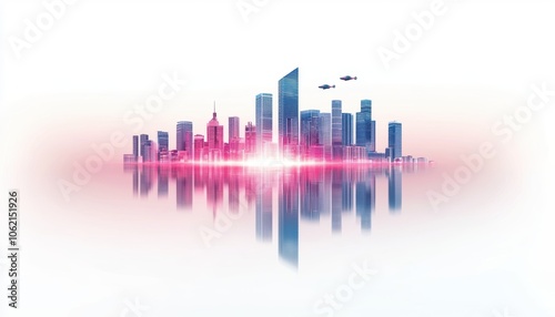 Futuristic cityscape with flying cars, neon-lit buildings, sci-fi metropolis, urban future, 3D illustration, isolated on white background