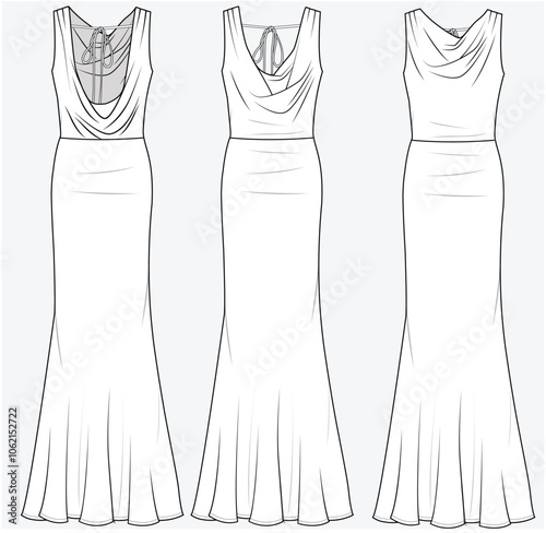 FIT AND FLARE LONG MAXI DRESS WITH COWL NECKLINE IN FRONT AND BACK WITH TIE UP DETAIL DESIGNED FOR YOUNG WOMEN AND WOMEN IN VECTOR FILE
