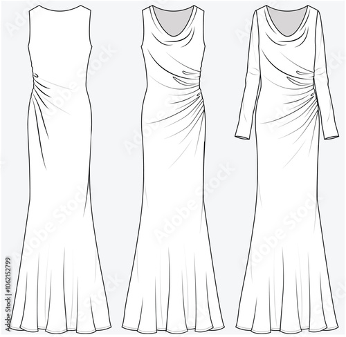 FIT AND FLARE LONG MAXI DRESS WITH COWL NECKLINE GATHERED WAIST DETAIL DESIGNED FOR YOUNG WOMEN AND WOMEN IN VECTOR FILE