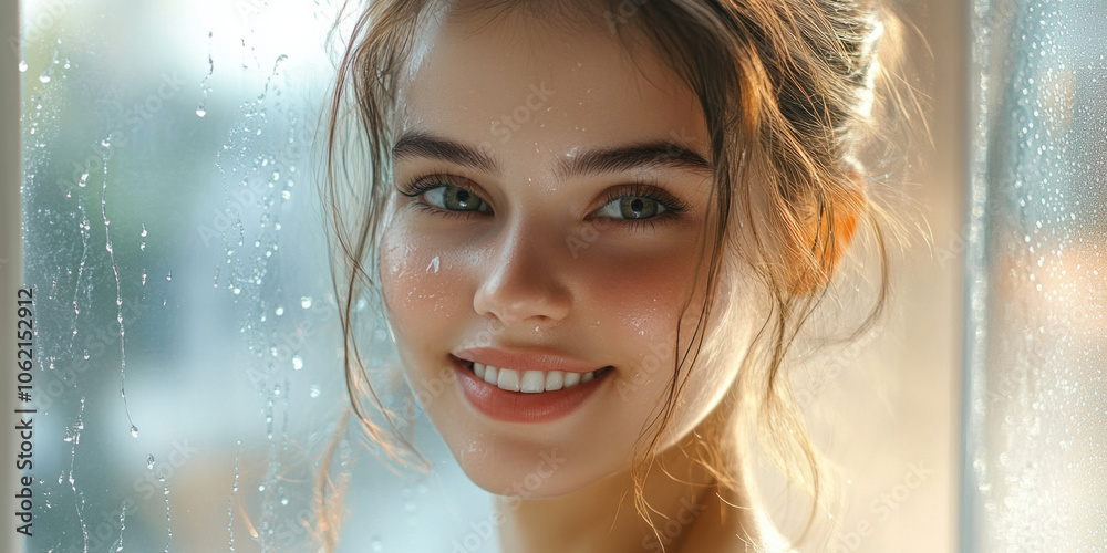 A young woman smiles gently by a rain-soaked window in soft daylight A young woman smiles gently by a rain-soaked window in soft daylight