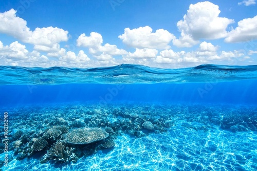 Taking a picture from under the surface of the ocean, looking towards the sky. The light patch represents the sun overhead, and the rain is falling hard on the surface.