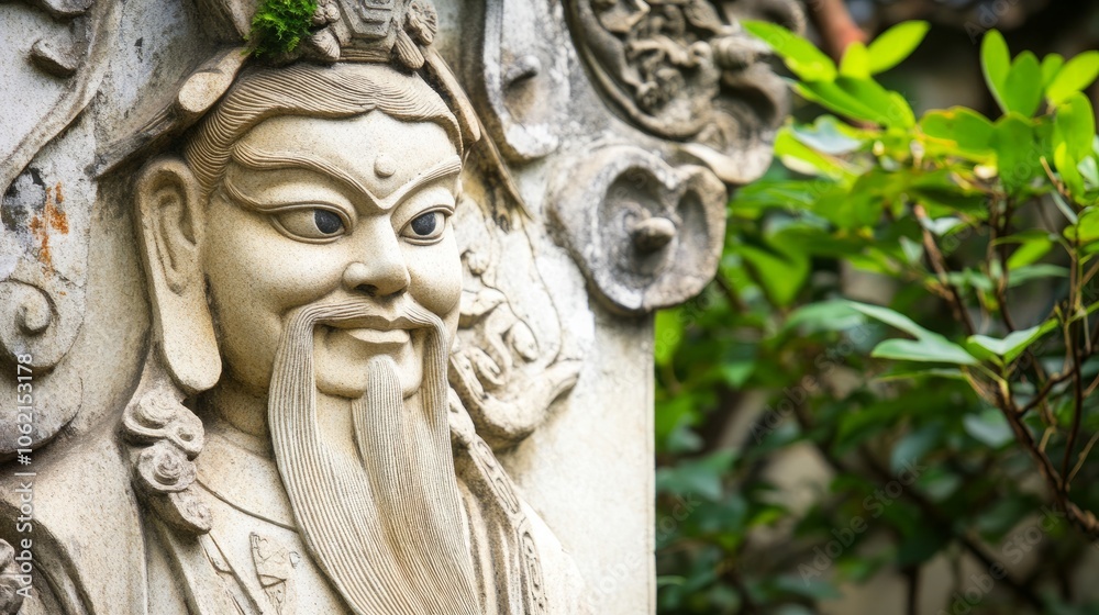 Close-up of a detailed stone carving of a man with a long beard and a serene expression, set against a backdrop of lush greenery. Close-up of a detailed stone carving of a man with a long beard and a serene expression, set against a backdrop of lush greenery.