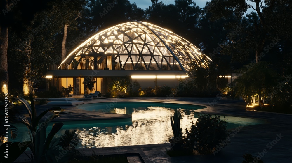 Obraz premium A dome covers a swimming pool, lit at night for a stunning effect