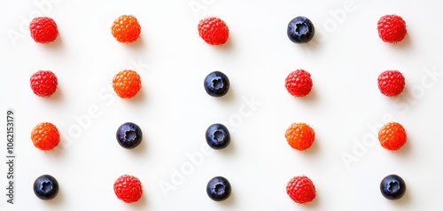 Line of strawberries, blueberries, and raspberries, arranged by color gradient, isolated on white background
