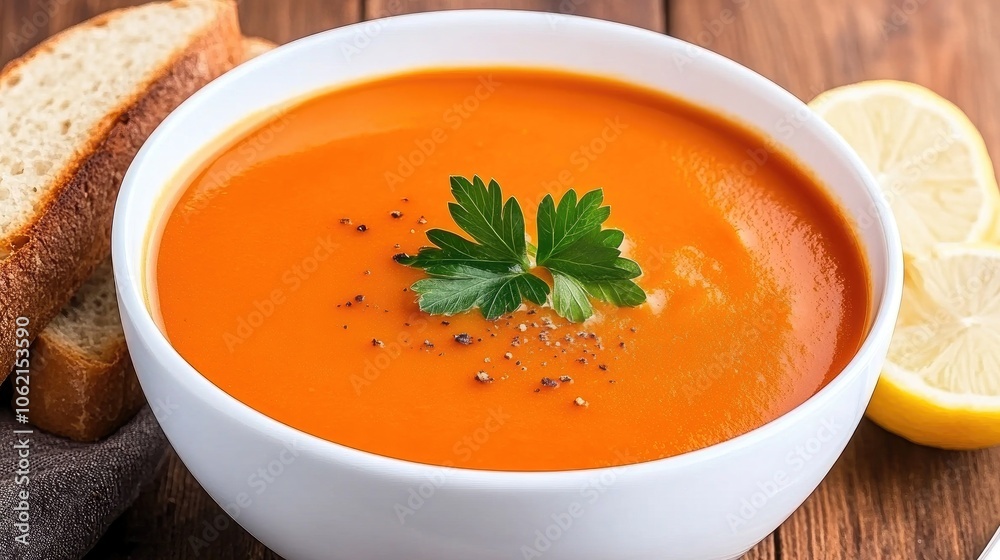 Enjoying a bowl of traditional Turkish red split italic soup with fresh bread and lemon on a rustic wooden table Enjoying a bowl of traditional Turkish red split italic soup with fresh bread and lemon on a rustic wooden table