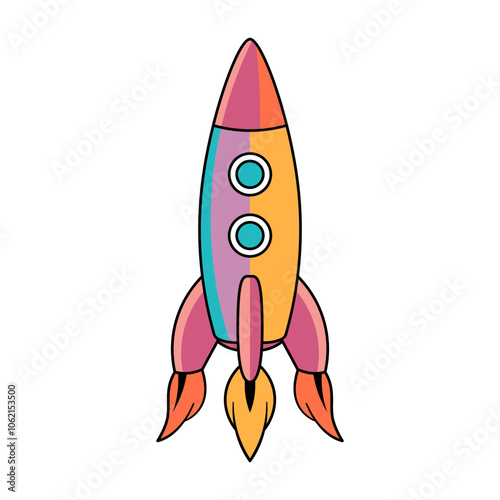 Fototapeta Naklejka Na Ścianę i Meble -  Colorful Cartoon Rocket. This is a simple, vibrant vector illustration of a cartoon-style rocket ship. Flames emerge from the bottom, symbolizing its launch into space.