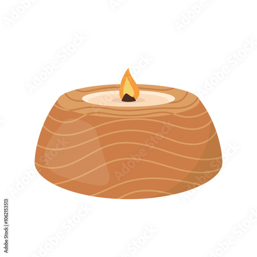 Burning candle in wide wooden candlestick. Scented candlelight with flame exudes cozy relax atmosphere Aromatherapy, relaxation, home decoration. Flat vector illustration isolated on white background
