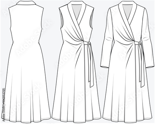 FIT AND FLARE WRAP TIE UPMIDI DRESS WITH SHAWL COLLAR DETAIL DESIGNED FOR YOUNG WOMEN AND WOMEN IN VECTOR FILE