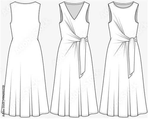 FIT AND FLARE MIDI LENGTH DRESS WITH WRAP TIE UP DETAIL DESIGNED FOR YOUNG WOMEN AND WOMEN IN VECTOR FILE