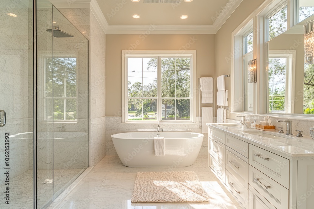 Modern bathroom interior design featuring elegant bathtub and glass shower Modern bathroom interior design featuring elegant bathtub and glass shower