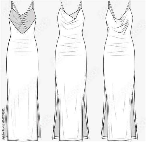 COWL NECK DRESS WITH STRAPPY SHOULDER AND FRONT SLIT DETAIL DESIGNED FOR YOUNG WOMEN AND WOMEN IN VECTOR FILE