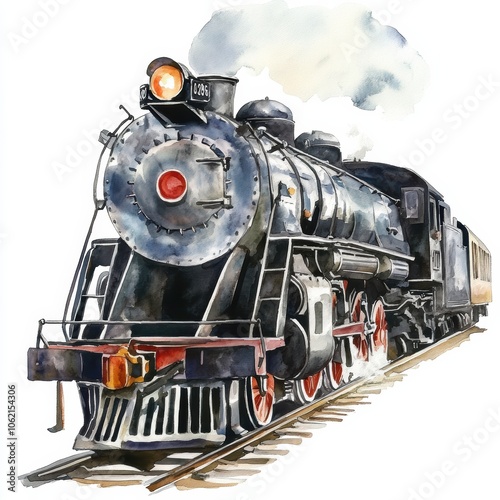 Classic Steam Locomotive: A vibrant watercolor depiction showcasing a black train with billowing steam, ideal for art and transport themes.