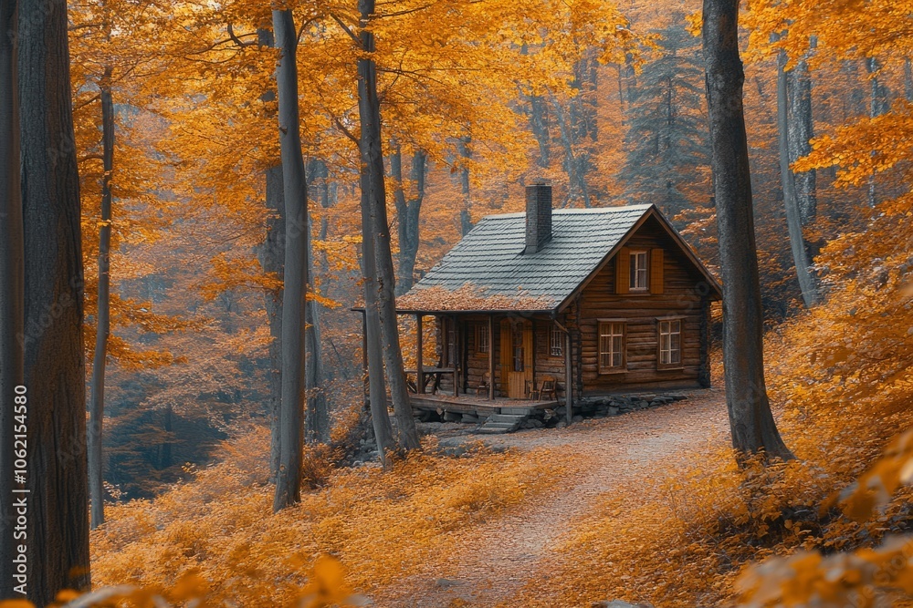 Wooden cabin nestled in a vibrant autumn forest Wooden cabin nestled in a vibrant autumn forest