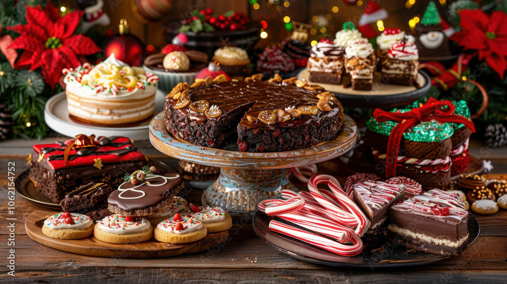 festive dessert table showcases variety of traditional Christmas treats, including cakes, cookies, and candies, all beautifully arranged with holiday decorations