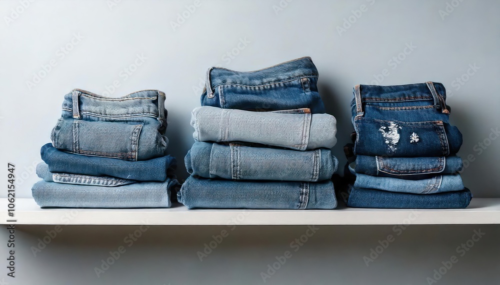Jeans folded on a shelf, with other clothes neatly arranged, Organized, Bright, Detailed Jeans folded on a shelf, with other clothes neatly arranged, Organized, Bright, Detailed