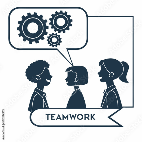 A graphical representation of teamwork. At the top, there's a rectangular bubble containing three gears, symbolizing collaboration and mechanics. Below the bubble, there are three human-like figures