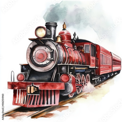 Watercolor Illustration of a Classic Red Steam Locomotive Chugging along Tracks - Perfect for Transport Themes