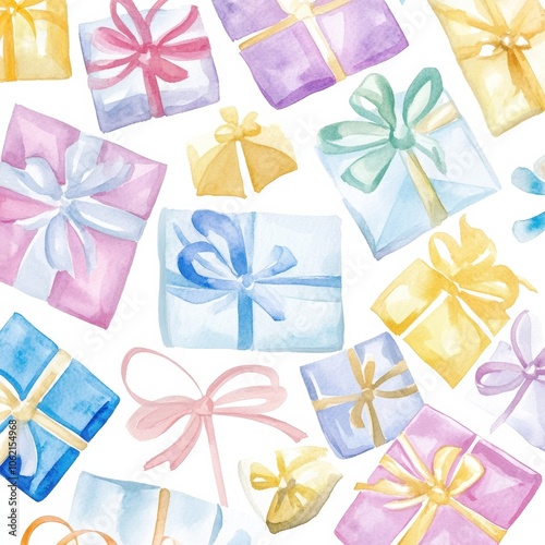 Watercolor Pattern of Colorful Gift Boxes: Perfect for Holiday Card Designs and Festive Invitations