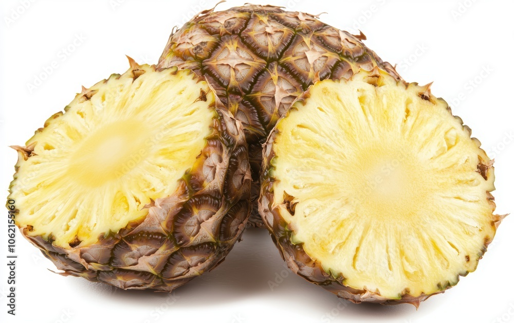 Ripe and juicy pineapple, cut in half to show interior, alongside whole, isolated on white background Ripe and juicy pineapple, cut in half to show interior, alongside whole, isolated on white background