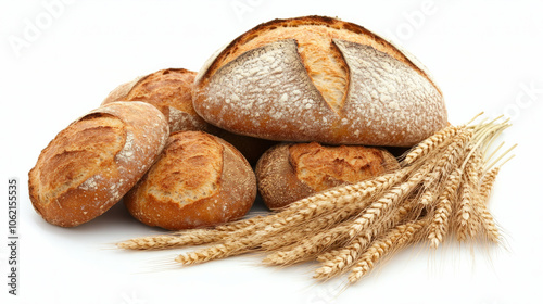 Freshly baked bread with wheat stalks on a white background